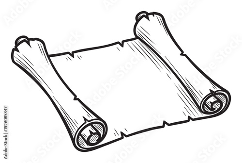 Simple hand drawn black and white vintage scroll for ancient document presentations and historical event invitations needing a classic old paper look