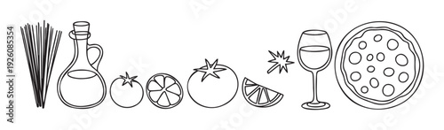 Outline drawing of Italian food essentials including pasta, olive oil, tomatoes, lemons, wine glass, and pizza, perfect for restaurant menus, food blogs, or cooking class advertisements.