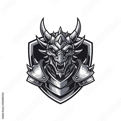 Fierce Armored Dragon Head Esport Gaming Mascot Logo on a Shield on isolated white background