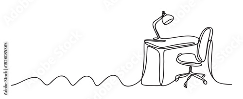 Minimalist continuous line drawing of a home office workspace featuring a desk with a lamp and an ergonomic chair, perfect for business concepts and remote work presentations.