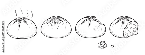 Hand drawn black and white progression of a hot steamed bun from whole to bitten to crosssectioned, perfect for cooking blogs, restaurant menus, or foodrelated educational materials.