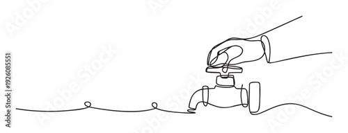 A continuous line drawing of a hand turning off a water faucet, powerfully symbolizing water conservation and responsible resource management for environmental sustainability and