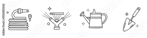 A collection of essential gardening and watering equipment outline icons including a coiled hose, sprinkler, watering can, and trowel, useful for horticulture projects and agricultural