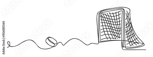 Minimalist continuous line drawing of an ice hockey puck heading towards a goal net, perfect for sports event promotions, winter activity graphics, or athletic competition branding.