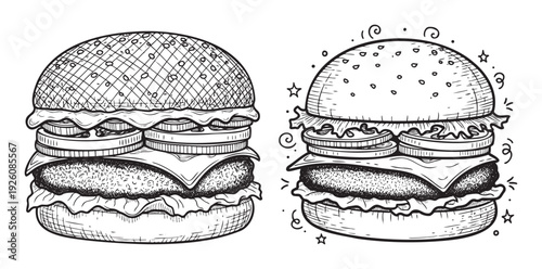 Ink style burger illustrations showcasing savory ingredients and creative outlines perfect for restaurant branding menu boards food festival posters and culinary event flyers