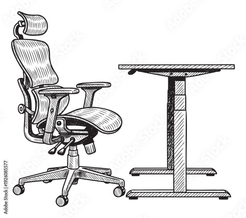 A comfortable ergonomic office chair and a modern adjustable standing desk ready for a productive workspace setup ideal for remote work or professional office environments