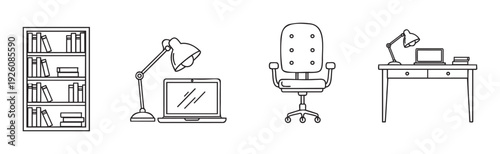Modern home office and study furniture outlines depicting essential workspace objects like a bookshelf, lamp, laptop, chair, and desk for educational or professional needs