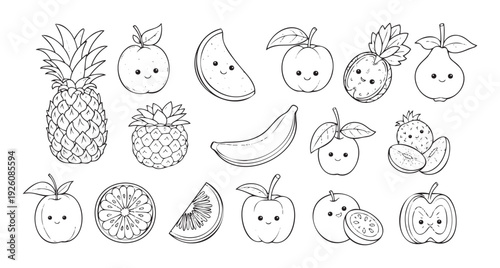 A delightful assortment of outline fruit characters with smiling faces, perfect for childrens coloring pages, printable sheets, or playful educational resources