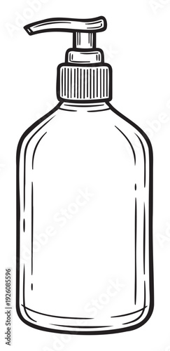 Simple graphic drawing of a pump dispenser bottle for liquid soap or hand sanitizer, ideal for hygiene product packaging concepts or health care related marketing materials