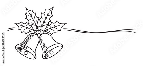 Festive black line drawing of jingle bells adorned with holly leaves and berries, perfect for holiday greetings, Christmas season decorations, or festive event invitations.