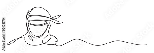Continuous line drawing of a person blindfolded wearing a head covering, symbolizing justice, censorship, or vulnerability, ideal for human rights campaigns, educational materials, or