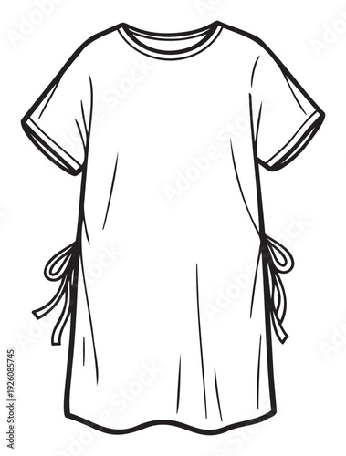 Simple line drawing of a comfortable short sleeve tunic dress with side ties, perfect for casual loungewear or sleepwear apparel design and clothing presentations.