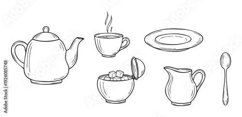 A collection of handdrawn kitchenware essentials including a teapot, steaming cup, sugar bowl, plate, milk jug, and spoon, ideal for culinary blogs, menu presentations, or educational