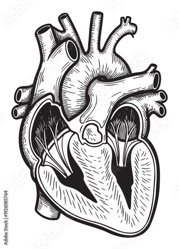 Anatomical diagram of a human heart with internal structures depicted in a detailed crosssection, ideal for medical education resources, biology textbooks, or healthrelated presentations