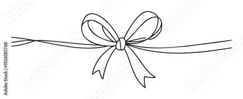 Elegant black outline drawing of a festive bow tied around a decorative horizontal ribbon, ideal for holiday greeting materials, special package adornments, or celebratory event invitations.