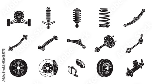 Automotive suspension and brake system components collection ideal for vehicle repair, maintenance, and educational resources showcasing various car parts.