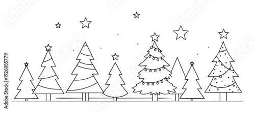 Stylized black and white drawing of decorative Christmas trees under a starry sky, ideal for festive winter events, holiday marketing campaigns, and seasonal graphic design projects.