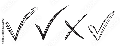 Hand drawn collection of check marks and cross symbols for task completion, voting, checklist management, and decision making applications