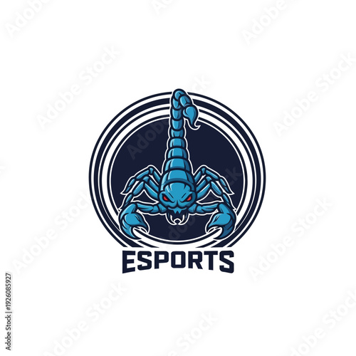 Aggressive Blue Scorpion Mascot Logo in Circular Frame for Esports Gaming, Isolated White Background