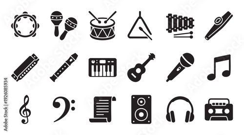 Collection of flat black silhouette musical instruments, audio equipment, and music symbols, perfect for graphic design, applications, education, and entertainment themed projects