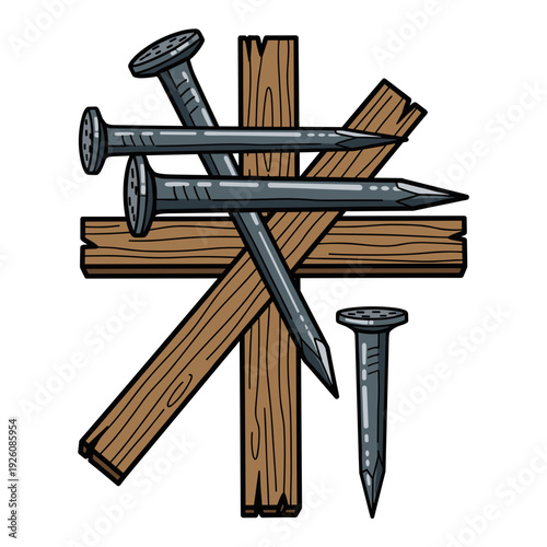 Religious Illustration of Nails Driven into a Wooden Cross