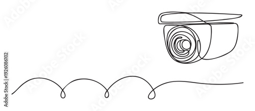 Sleek single line drawing of a modern CCTV security camera observing its surroundings with an abstract wavy line representing continuous recording for smart home protection concepts and