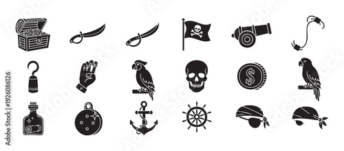 Collection of pirate adventure themed glyphs and symbols including a treasure chest, jolly roger flag, cannon, and ships wheel perfect for game assets, web graphics, or historical themes