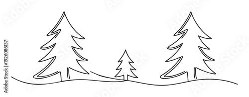 Continuous single line drawing capturing a minimalist winter forest landscape featuring three evergreen pine trees on rolling ground, ideal for seasonal holiday greetings or natureinspired