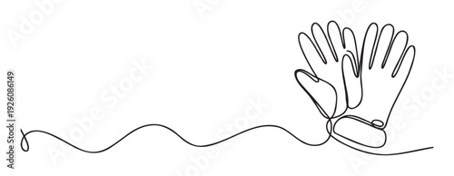 Continuous single line drawing depicting a pair of protective work gloves, ideal for agriculture, gardening, construction, DIY project branding, and home improvement marketing materials.