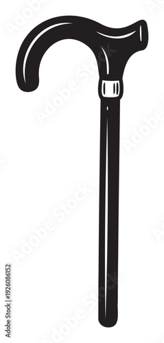 Black silhouette of a classic curved handle cane, providing sturdy support and timeless style for elderly care, personal statements, or theatrical productions.