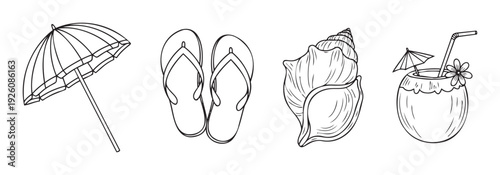 Capture the essence of summer vacation and tropical getaways with this collection of essential beach holiday items, perfect for travel promotions and leisure advertisements.