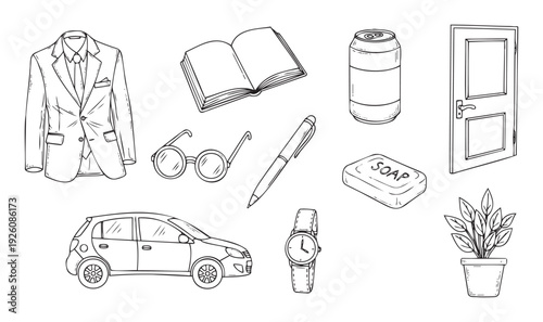Collection of essential daily items presented as outline handdrawn sketches suitable for educational materials web graphics or print media projects