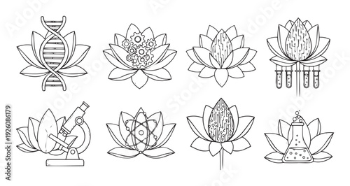 Line drawing set of lotus flowers seamlessly merging with scientific and technological elements including DNA, gears, atoms, microscopy, and circuitry for science communication and modern