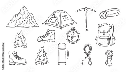 Comprehensive collection of essential outdoor adventure equipment including camping gear, hiking tools, and survival items perfect for travel and exploration themed designs