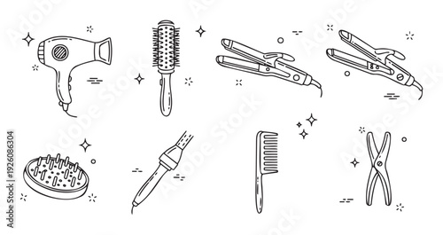 Essential hair care and grooming tools presented as minimalist hand drawn outline icons perfect for hair salon branding, personal styling guides, or cosmetic product advertisements.