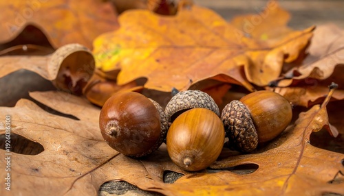 Close-up of Acorns and Oak Leaves in Autumn.