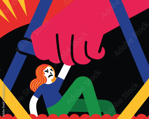 Woman struggling under giant oppressive hand symbolizing control.