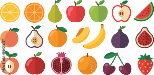 Fresh Fruit Icon Set Featuring Apples Citrus Pears Bananas Berries Pomegranate Figs and Watermelon Illustrations for Healthy Nutrition Organic Food and Market Design