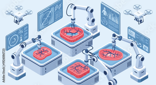 Robotic arms 3D printing lab-grown meat in a futuristic bio-engineering facility, showcasing cellular agriculture and advanced food technology research.