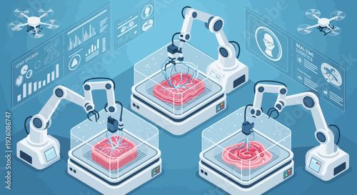 Lab-Grown Meat Production: Robotic Arms and Advanced Biotechnology Cultivating Sustainable Cultured Meat with Drones and Real-Time Data Monitoring in a Futuristic Scientific Lab.