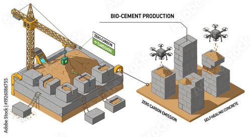 Sustainable Bio-Cement Production and Self-Healing Concrete Process for Zero Carbon Emission Construction with Drone Technology