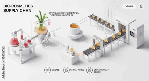 Vegan Bio-Cosmetics Supply Chain: Ethical Sugarcane-Derived Squalane Oil Production Process, Showcasing Cruelty-Free Manufacturing and Dermatology-Grade Products