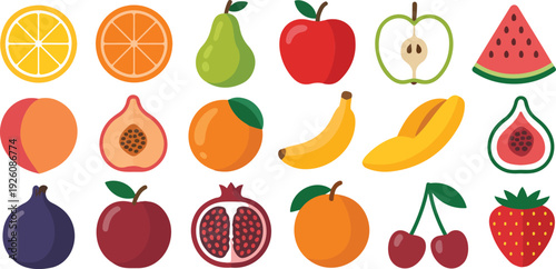 Fresh Fruit Icon Set Featuring Apples Citrus Pears Bananas Berries Pomegranate Figs and Watermelon Illustrations for Healthy Nutrition Organic Food and Market Design
