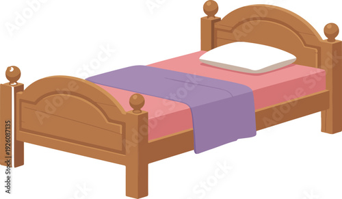 Wooden Single Bed Vector Illustration  Classic Bedroom Furniture