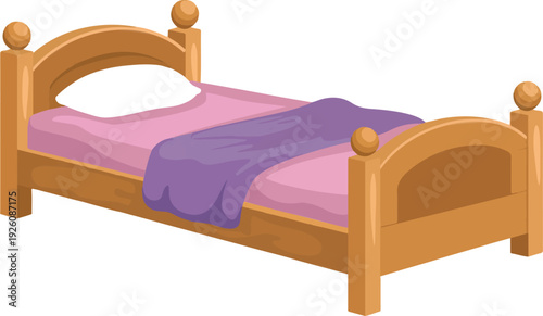 Wooden Single Bed Vector Illustration  Classic Bedroom Furniture