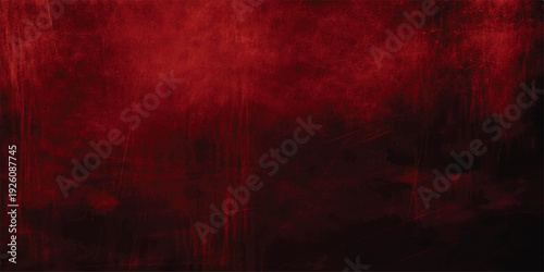 A dark vintage grunge red background features a textured old wall pattern with dirty paint and blood-colored material for an artistic backdrop design