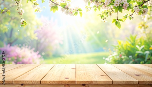 Vibrant Spring Garden Background with Wooden Table and Cherry Blossom Branches - Perfect for Product Display and Seasonal Themes