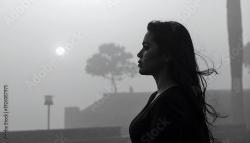 Silhouette of a woman in profile against a foggy sunrise, thoughtful expression.