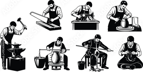 Black and white of craftsmen working with various hammer