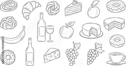 Assorted pastries, fruits, and beverages displayed on a clean white background with wine bottles and a tea cup.
